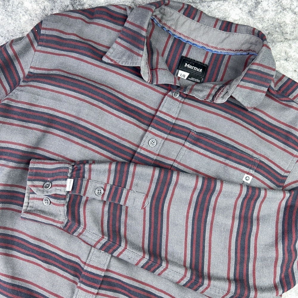 Marmot Flannel Shirt Mens Large Gray Red Black‎ Striped Outdoor Casual Button Up